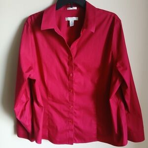 Chicos Red Non Iron Button Front Cotton Classic Blouse Top Size 4  Womens FLAW